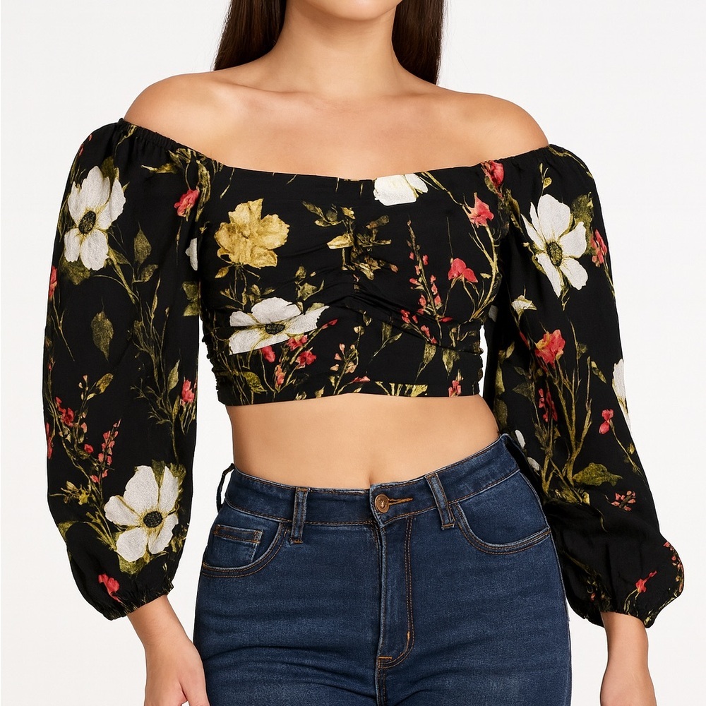 H&M Floral Off Shoulder Crop Top Black Puff Sleeve Blouse